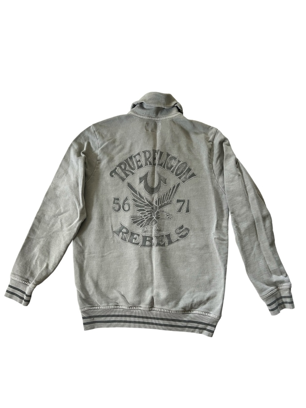 True Religion "Rebels" Sweatshirt Full Snap Cardigan Terry Jacket Grey Medium